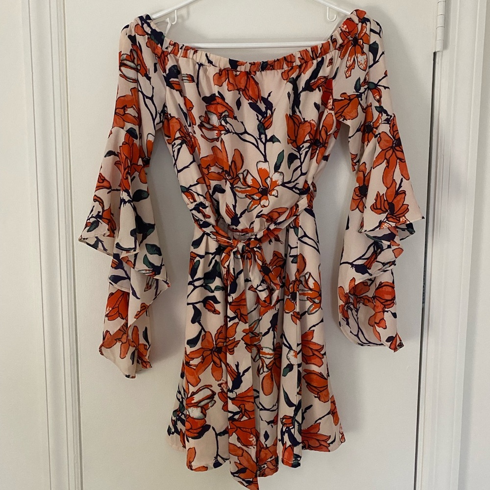 Lulus: like new, old the shoulder, floral mini with wrap belt and flirty skirt.